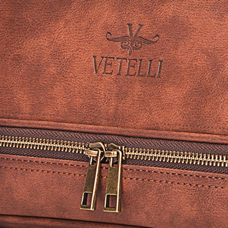 Vetelli Vetell Classic Leather Men's Travel Toiletry Bag and Dopp Kit with Upper and Lower Zippered Compartments, 2 Mesh Bottle Pouches and Carrying Handle - Image 4